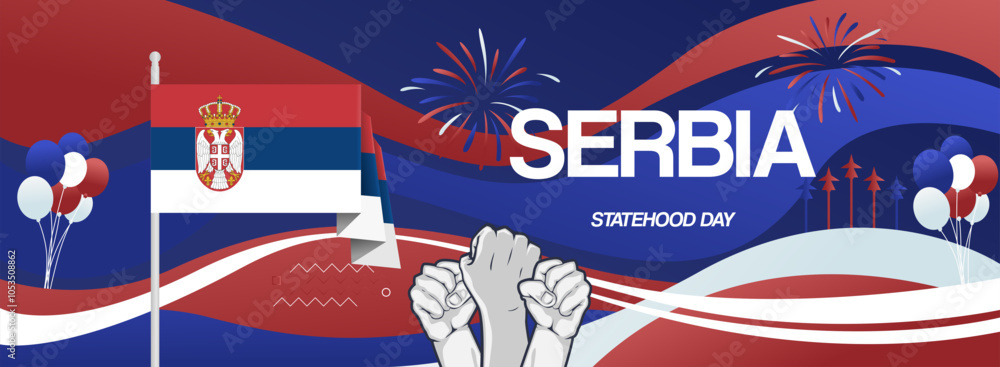 Fototapeta premium Serbia Statehood Day festive banner. Vibrant modern templates for holiday celebration, greeting card, billboard, and sport event backdrops. February 15. Happy Serbia National Day