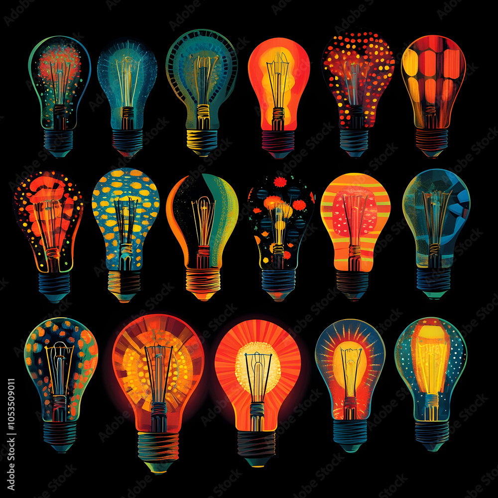 Fototapeta premium 18 light bulbs with different colorful patterns inside on a black background.