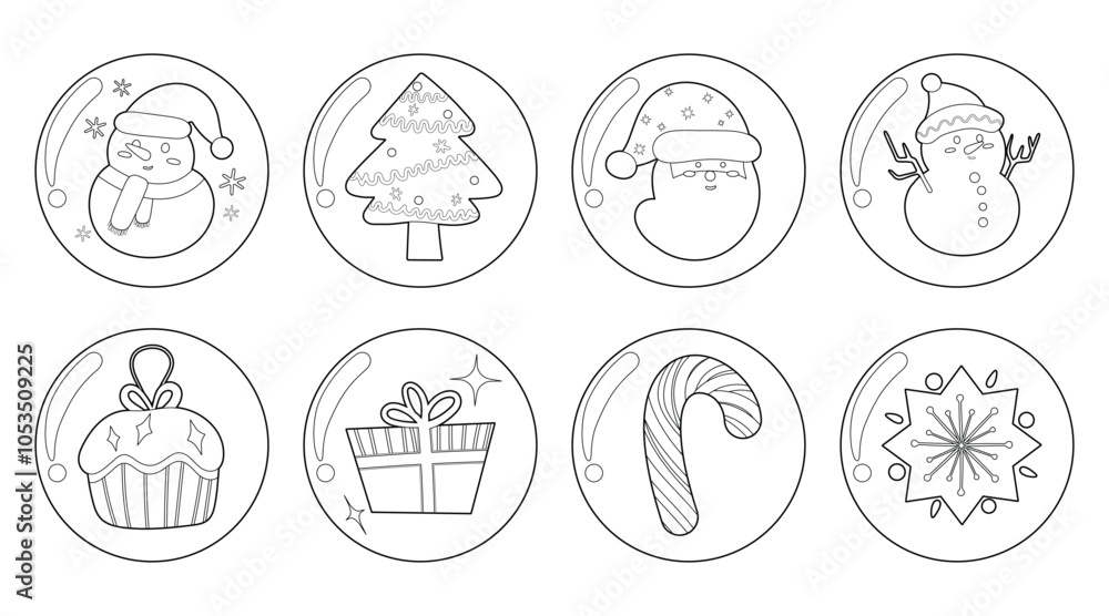 Fototapeta premium Set of isolated Christmas and New Year label in cute doodle style on transparent background. Volume 6 : Black outline with white plain.
