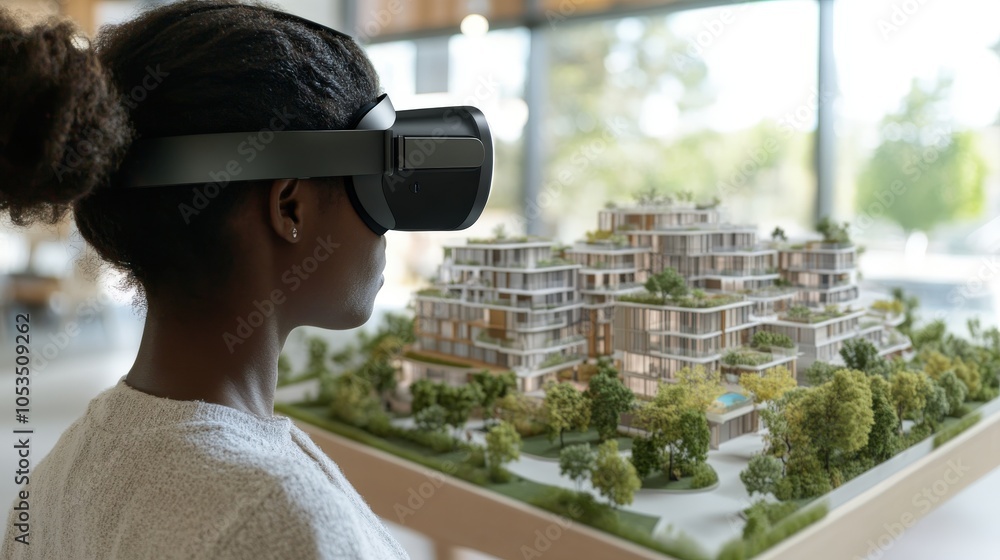 A person using a VR headset to tour a digital real estate model, symbolizing innovation in virtual property development A person using a VR headset to tour a digital real estate model, symbolizing innovation in virtual property development