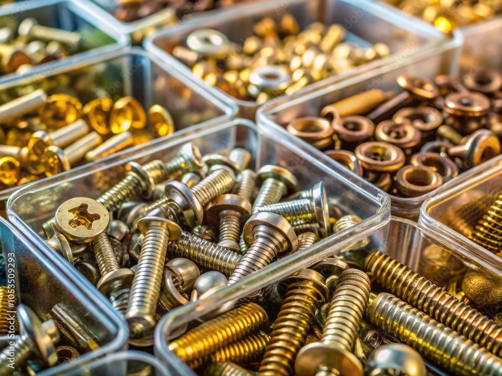 Organized Assortment of Brass and Metal Fasteners in Clear Containers for Hardware and Construction Projects, Macro Photography for Detailed Textures and Colors Organized Assortment of Brass and Metal Fasteners in Clear Containers for Hardware and Construction Projects, Macro Photography for Detailed Textures and Colors