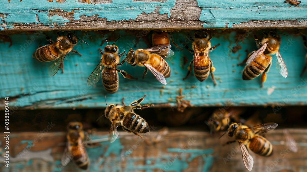 Active honeybees at the entrance of a hive during a sunny day, showcasing their busy foraging behavior Active honeybees at the entrance of a hive during a sunny day, showcasing their busy foraging behavior