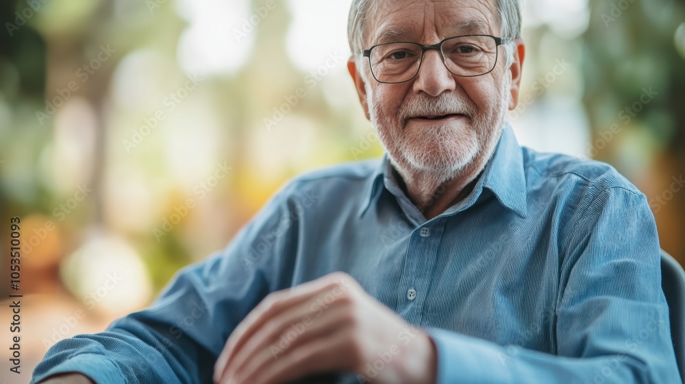 Smiling elderly man with glasses, wearing a blue shirt, enjoying a sunny outdoor setting. Smiling elderly man with glasses, wearing a blue shirt, enjoying a sunny outdoor setting.