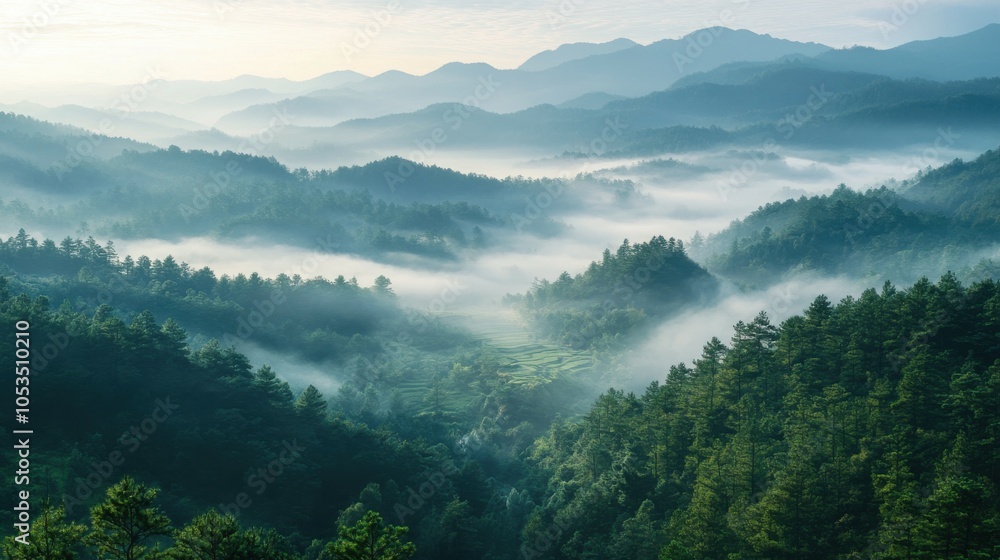 Obraz premium Scenic view of a foggy valley