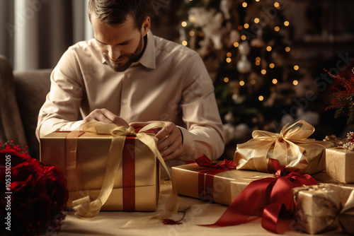 A man carefully wrapping Christmas presents at a decorated holiday table in a cozy setting with a Christmas tree in the background