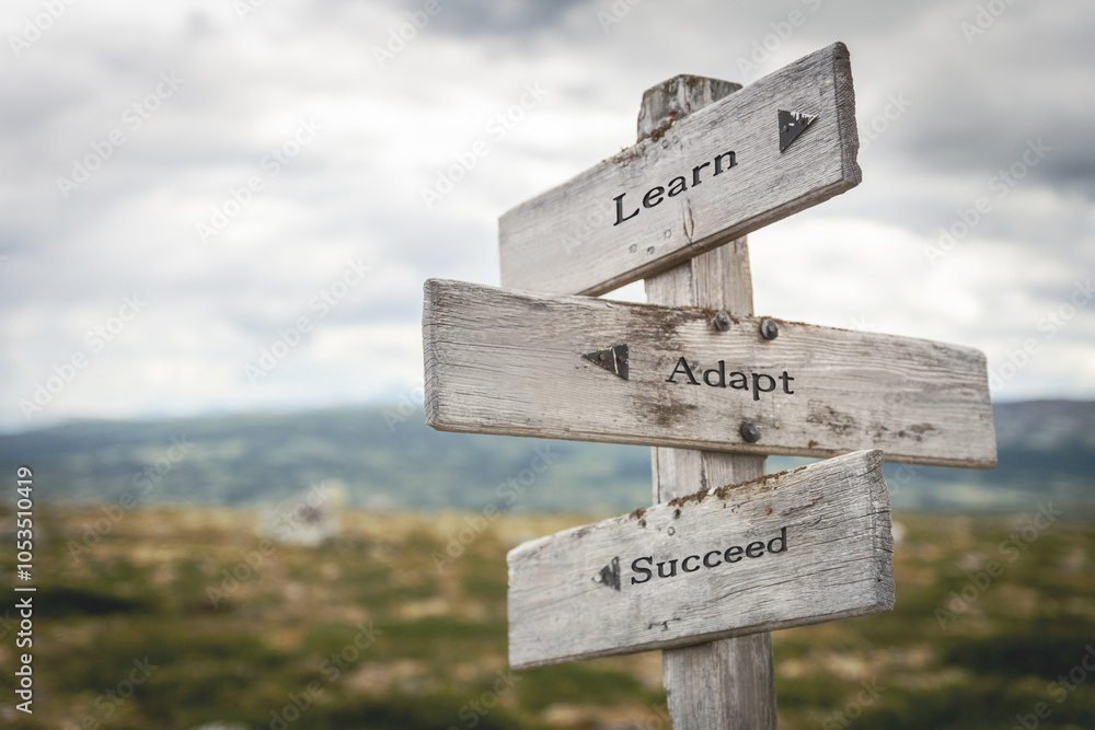 © Jon Anders Wiken - learn adapt succeed text quote written on wooden signpost at the crossroads outdoors in nature.