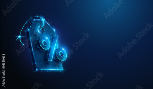 Abstract illustration of low poly percent symbol over price tag. Blue geometric background depicting consumerism, black friday, online shopping concept by wireframe connection structure