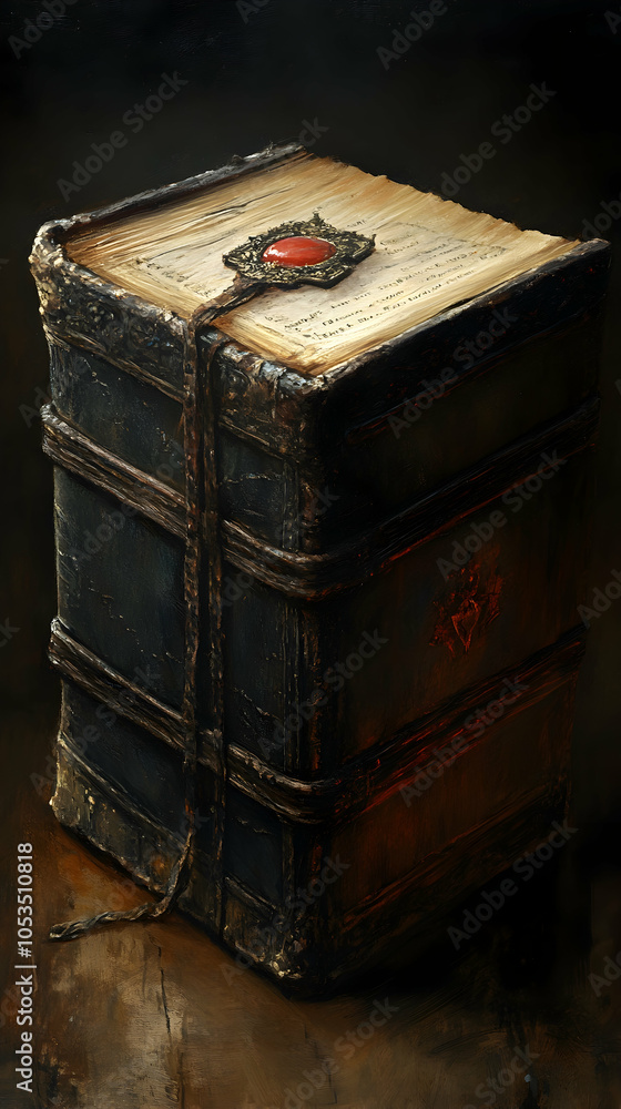 Obraz premium A large, aged, leather-bound book with a red gem on its cover and a leather strap holding it closed.