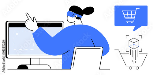 Person wearing VR headset, interacting with computer screen, shopping cart icons. Ideal for e-commerce, online shopping, virtual reality, digital marketing, customer experience, technology