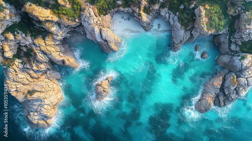 A stunning aerial view of a rocky coastline with vibrant turquoise waves crashing against the shore, highlighting the natural beauty and serene atmosphere of the beach.