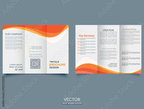 Orange trifold brochure with shapes, waves.  Ready Brochure