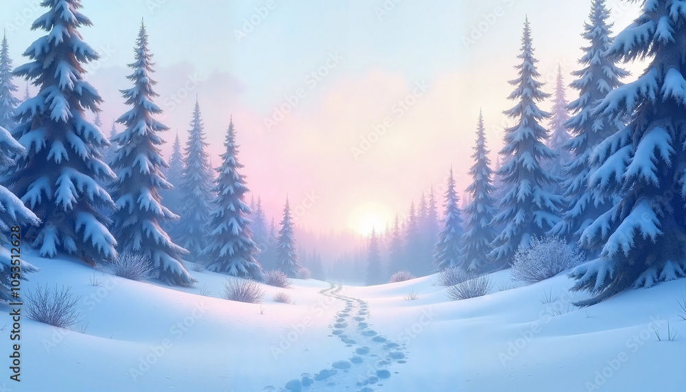 Fototapeta premium Winter landscape with soft pastel colors and footprints in the snow