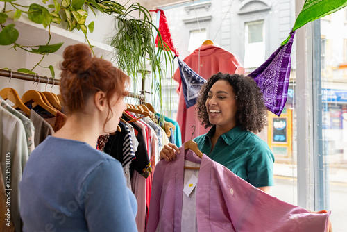 Female friends shopping in a thrift store having fun trying on clothes photo