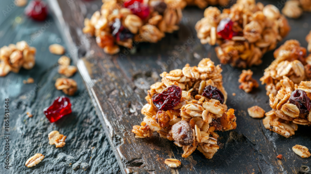Fototapeta premium Clusters of chewy granola cookies with dried fruits arranged on a rustic wooden surface, perfect for a healthy snack at any time
