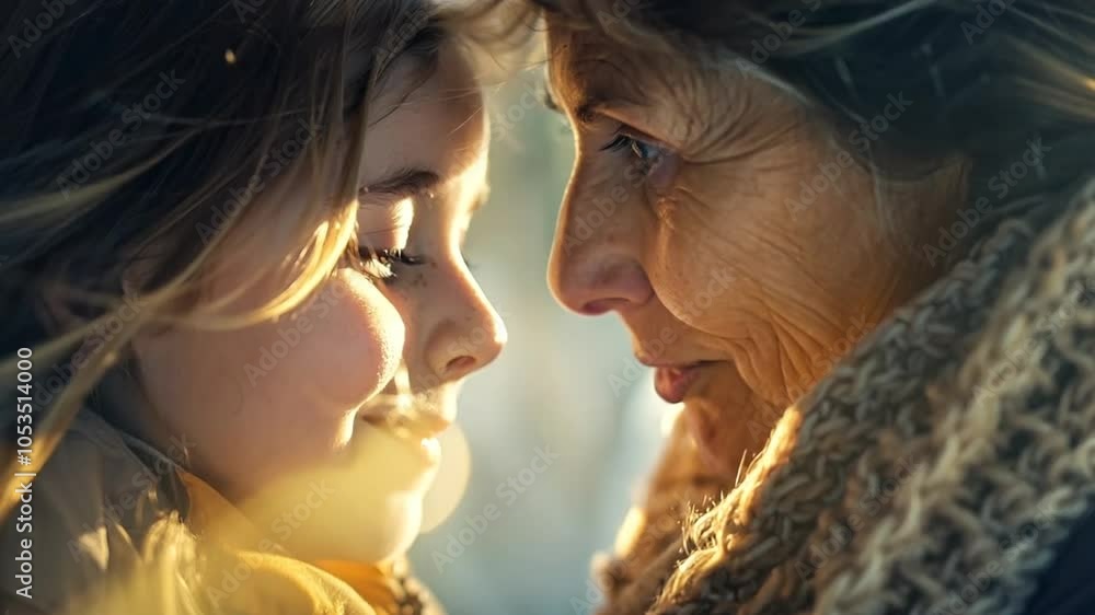 A grandmother and her granddaughter lean in closely, sharing a warm