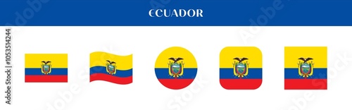 Set of Ecuador national flag icons in various styles on transparent background