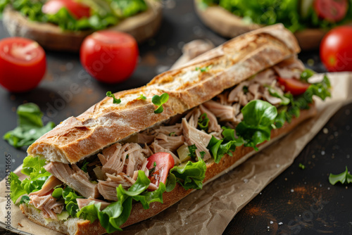 Closeup of a tuna salad, lettuce and tomato submarine sandwich photo