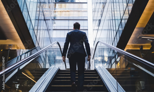 businessman in suit walking up an escalator in modern office building