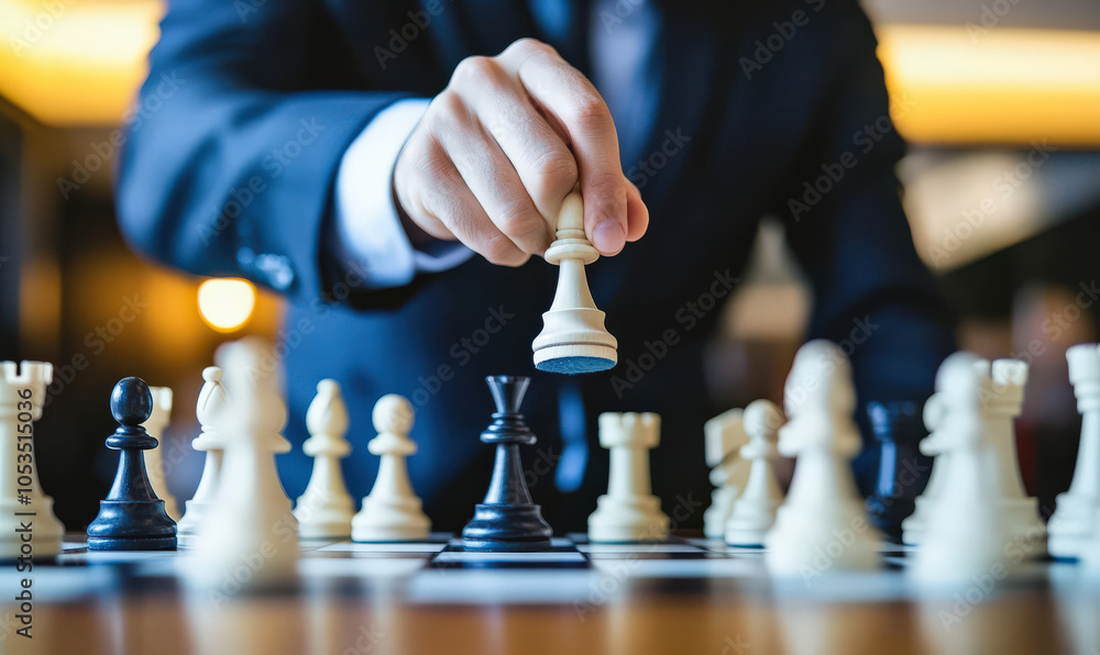 man in suit playing chess, making strategic move with pawn. He appears focused and determined man in suit playing chess, making strategic move with pawn. He appears focused and determined