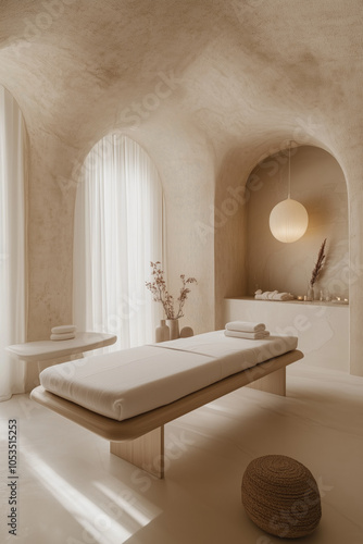 Elegant spa room featuring smooth arched ceilings, soft ambient lighting, and minimalist decor enhancing tranquility. Comfortable massage table placed centrally
