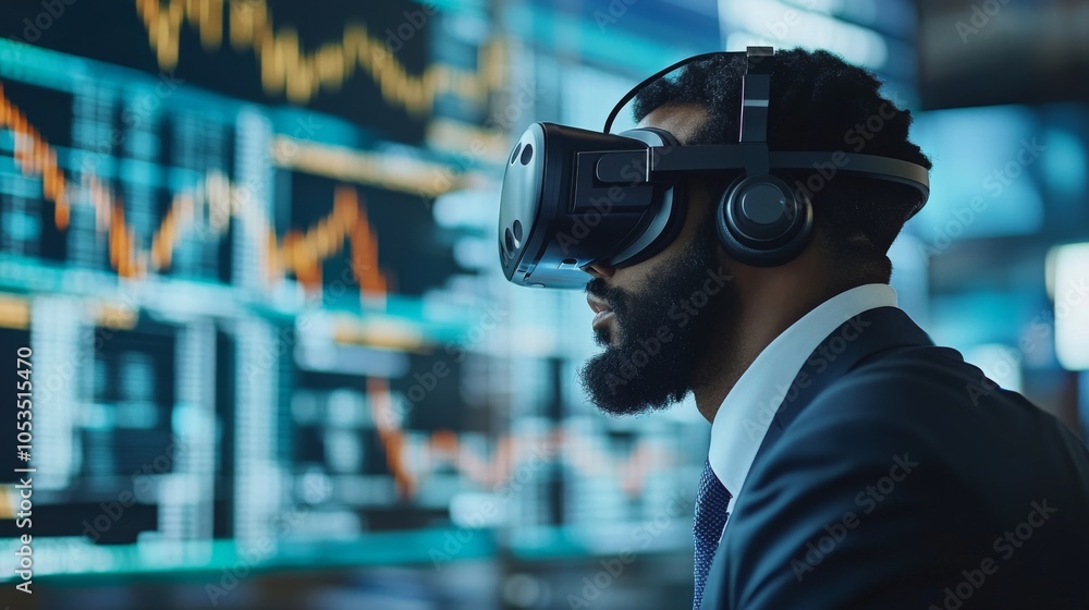 A business analyst using virtual reality to explore stock market trends and data A business analyst using virtual reality to explore stock market trends and data