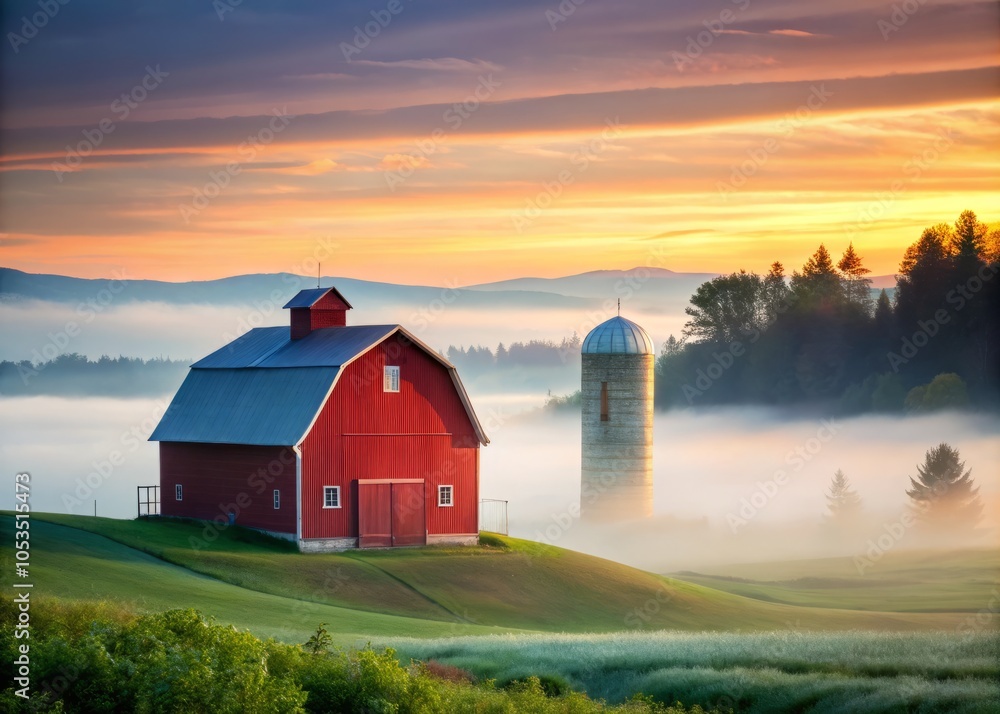 Silhouette of a Red Barn and Silo in a Foggy Field with Rolling Hills, Capturing Serene Country Landscape and Atmospheric Farm Scenery Silhouette of a Red Barn and Silo in a Foggy Field with Rolling Hills, Capturing Serene Country Landscape and Atmospheric Farm Scenery