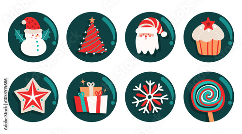 Set of isolated Christmas and New Year label in cute doodle style on transparent background. Volume 8 : Vivid red, green and white tone colors.