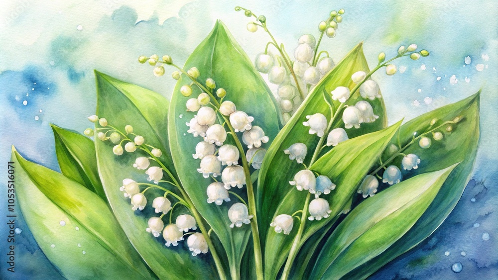 Obraz premium Wide-angle watercolor painting of Lily of the Valley flowers