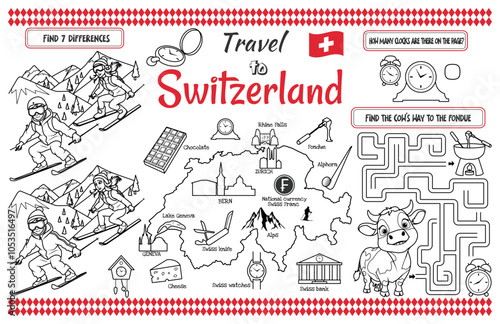 A fun placemat for kids. Printable “Travel to Switzerland” activity sheet with a labyrinth and find the differences. 17x11 inch printable vector file