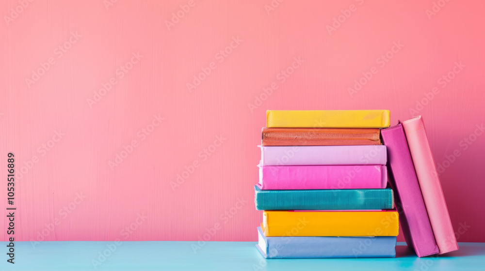 A vibrant stack of colorful books on a blue surface against a pink background, inviting readers to explore new stories and ideas A vibrant stack of colorful books on a blue surface against a pink background, inviting readers to explore new stories and ideas