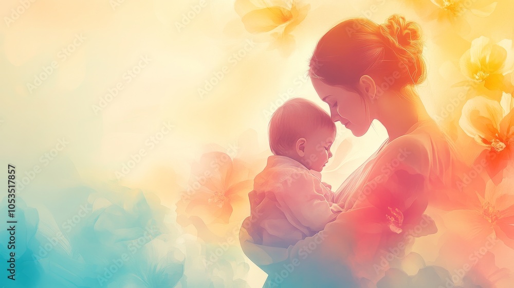 A heartfelt Mother's Day! A mother and child in a tender embrace, with a bright, sunny background. Vector illustration A heartfelt Mother's Day! A mother and child in a tender embrace, with a bright, sunny background. Vector illustration