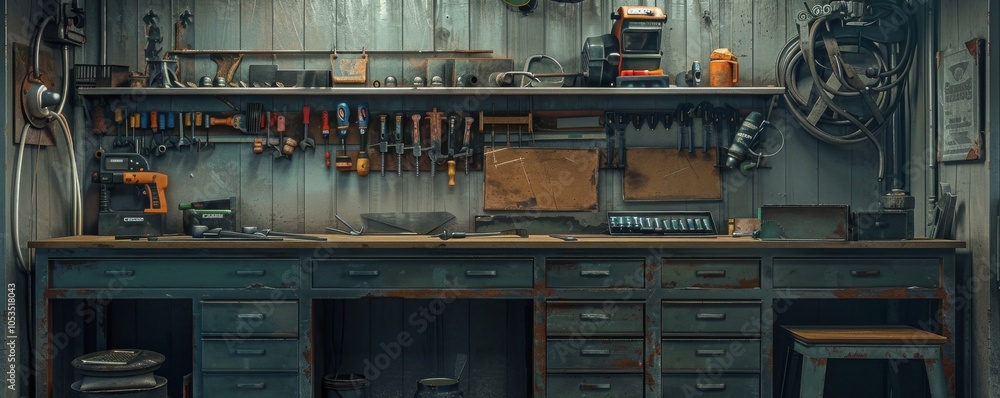 Toolbox under the workbench, 4K hyperrealistic photo Toolbox under the workbench, 4K hyperrealistic photo