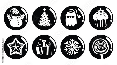 Set of isolated Christmas and New Year label in cute doodle style on transparent background. Volume 8 : Black silhouette.