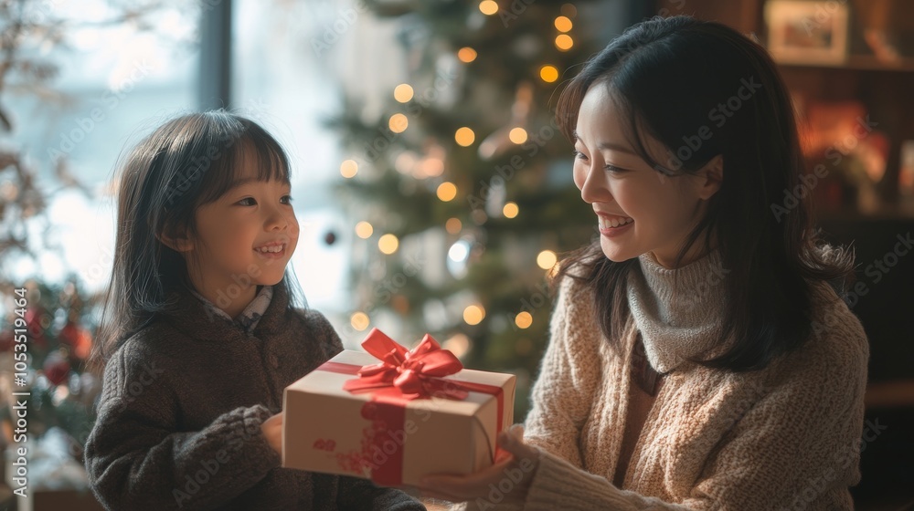 Asian mother and grown-up child exchanging gifts and love, sitting together on a warm, inviting sofa Asian mother and grown-up child exchanging gifts and love, sitting together on a warm, inviting sofa