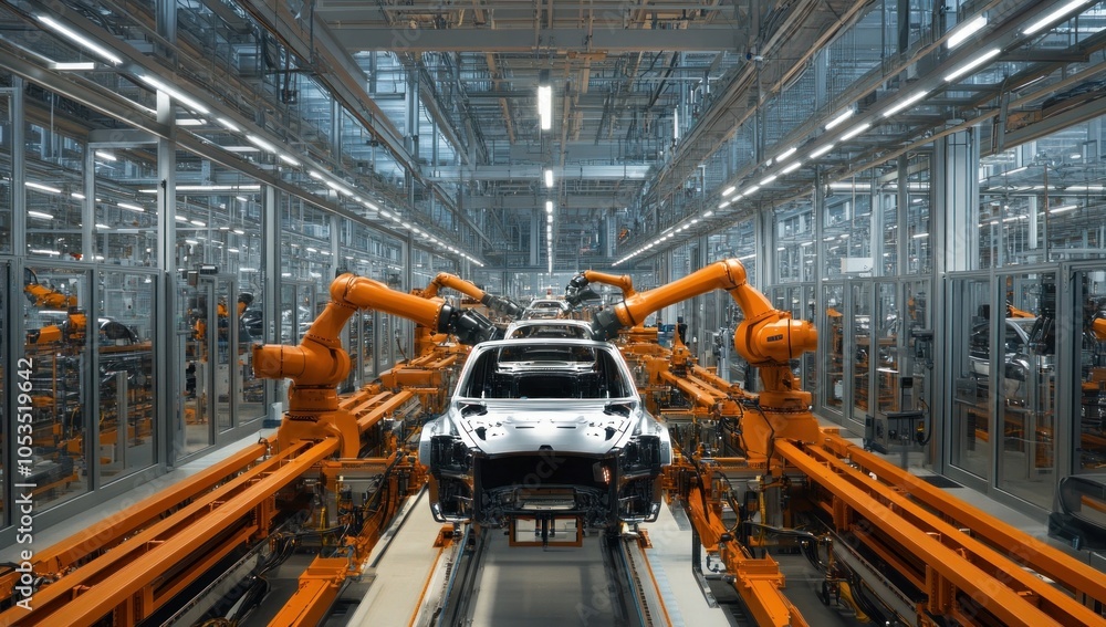 Automated Car Assembly Line in a Modern Factory Automated Car Assembly Line in a Modern Factory