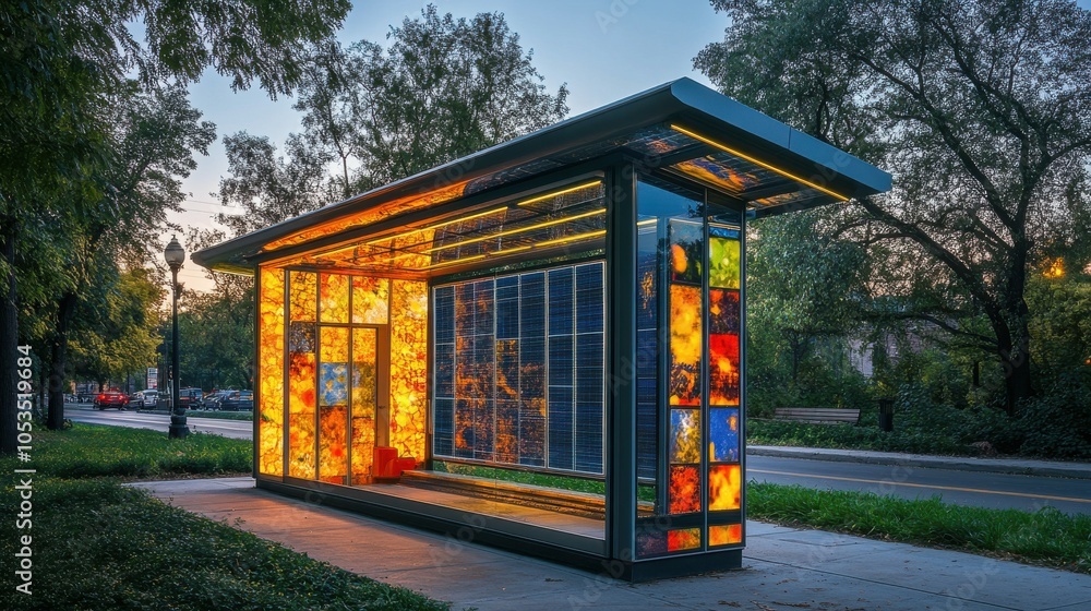 Solar panels on a bus shelter. Solar panels on a bus shelter.