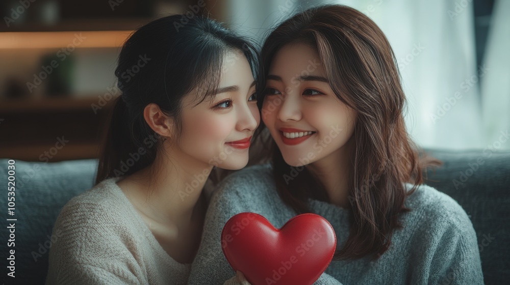 Asian mother and grown-up child exchanging gifts and love, sitting together on a warm, inviting sofa Asian mother and grown-up child exchanging gifts and love, sitting together on a warm, inviting sofa
