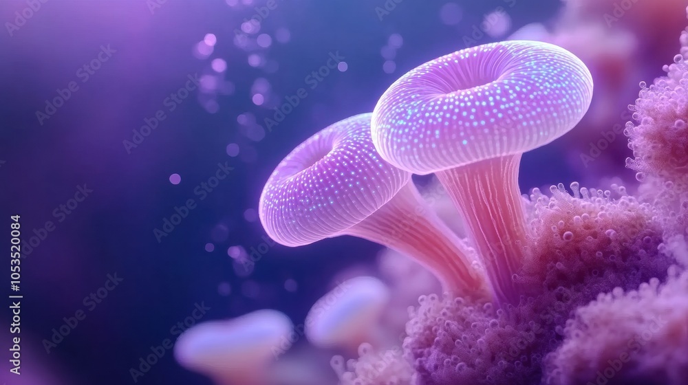 Obraz premium Glowing bioluminescent mushrooms in a mystical, purple-hued forest setting, AI