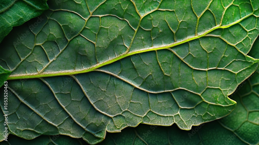 Naklejka premium Close-up of a leaf's surface, emphasizing the detailed vein patterns and green cell textures with high precision