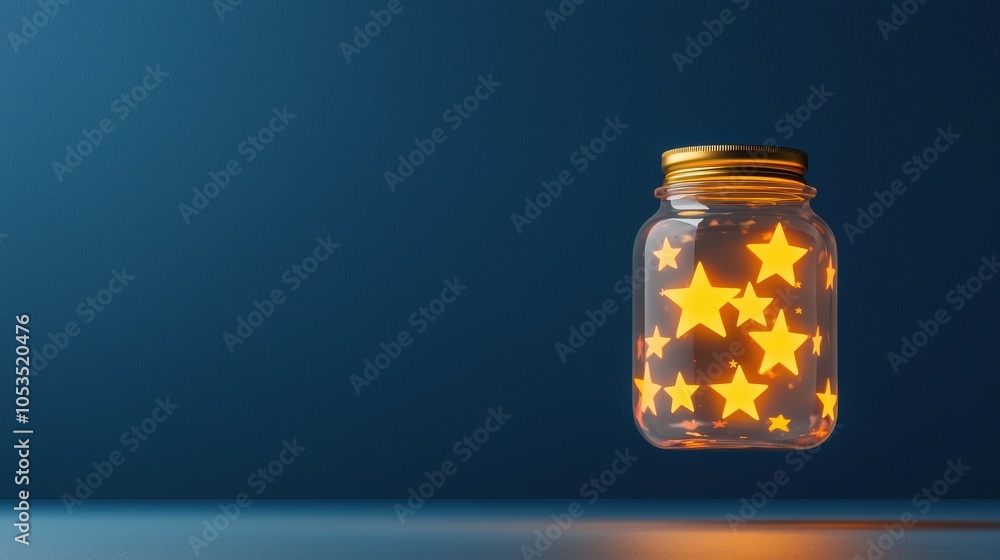 A glowing jar filled with star-shaped lights floats against a dark blue background, magical concept A glowing jar filled with star-shaped lights floats against a dark blue background, magical concept
