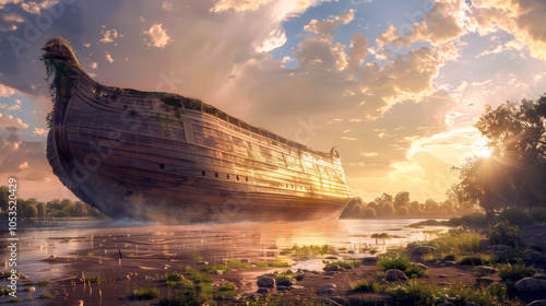 Noah's ark comes to rest after the flood subsides