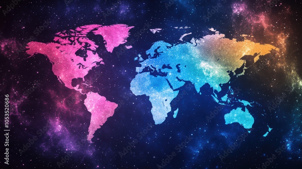 Fototapeta premium Cosmic Cartography, an intricate world map interwoven with a vibrant galaxy backdrop, blending earthly and celestial elements.