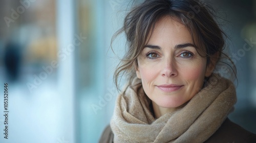 Middle-aged French woman with a scarf and a confident look.