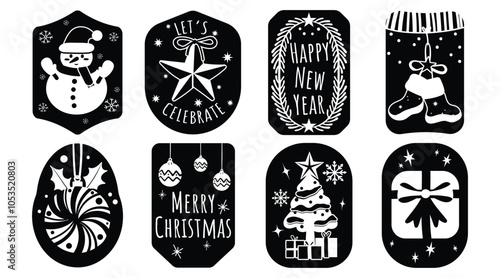 Set of isolated Christmas and New Year label in cute doodle style on transparent background. Volume 9 : Black silhouette.