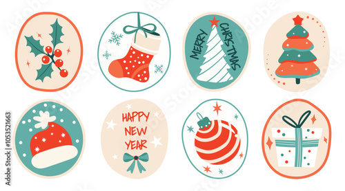 Set of isolated Christmas and New Year label in cute doodle style on transparent background. Volume 10 : Pastel red, green and beige tone colors.