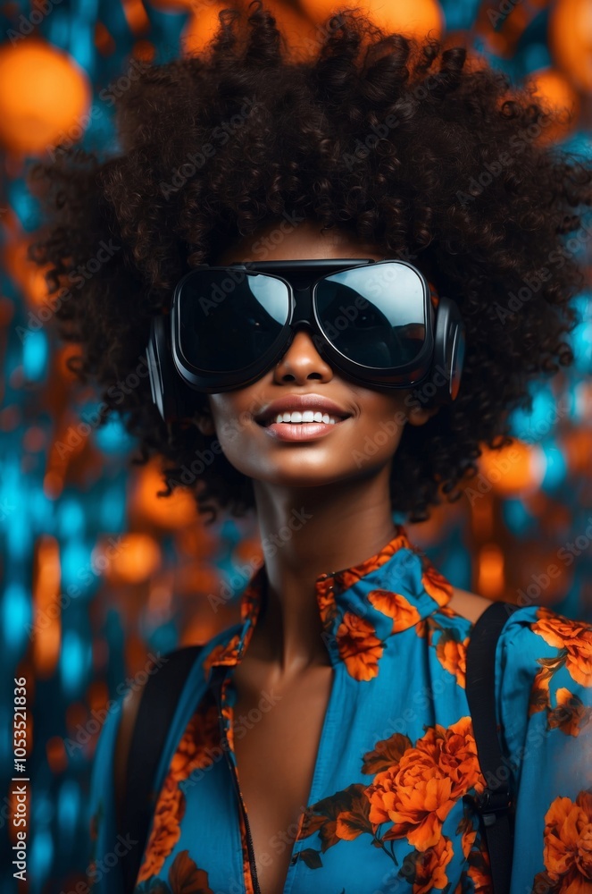 Young woman wearing futuristic glasses and headphones poses against a vibrant orange and blue backdrop at a tech event Young woman wearing futuristic glasses and headphones poses against a vibrant orange and blue backdrop at a tech event