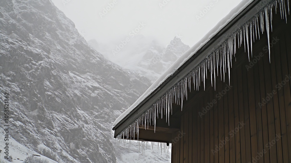Obraz premium Icicles Hanging from a Snow-Covered Roof in a Mountainous Landscape
