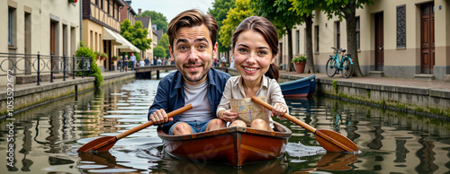 Joyful Couple with Exaggerated Expressions Exploring a Quaint Canal Town