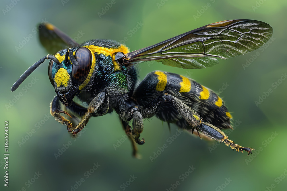 Striped angry wasp. Flying wasp. Striped angry wasp. Flying wasp.