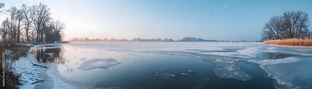 Obraz premium A Frozen Lake with Ice and Snow on a Cloudy Day